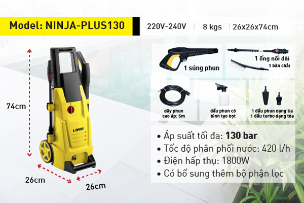 Máy phun xịt rửa xe áp lực nước Lavor ( Thương hiệu Italia ) NINJA PLUS 130