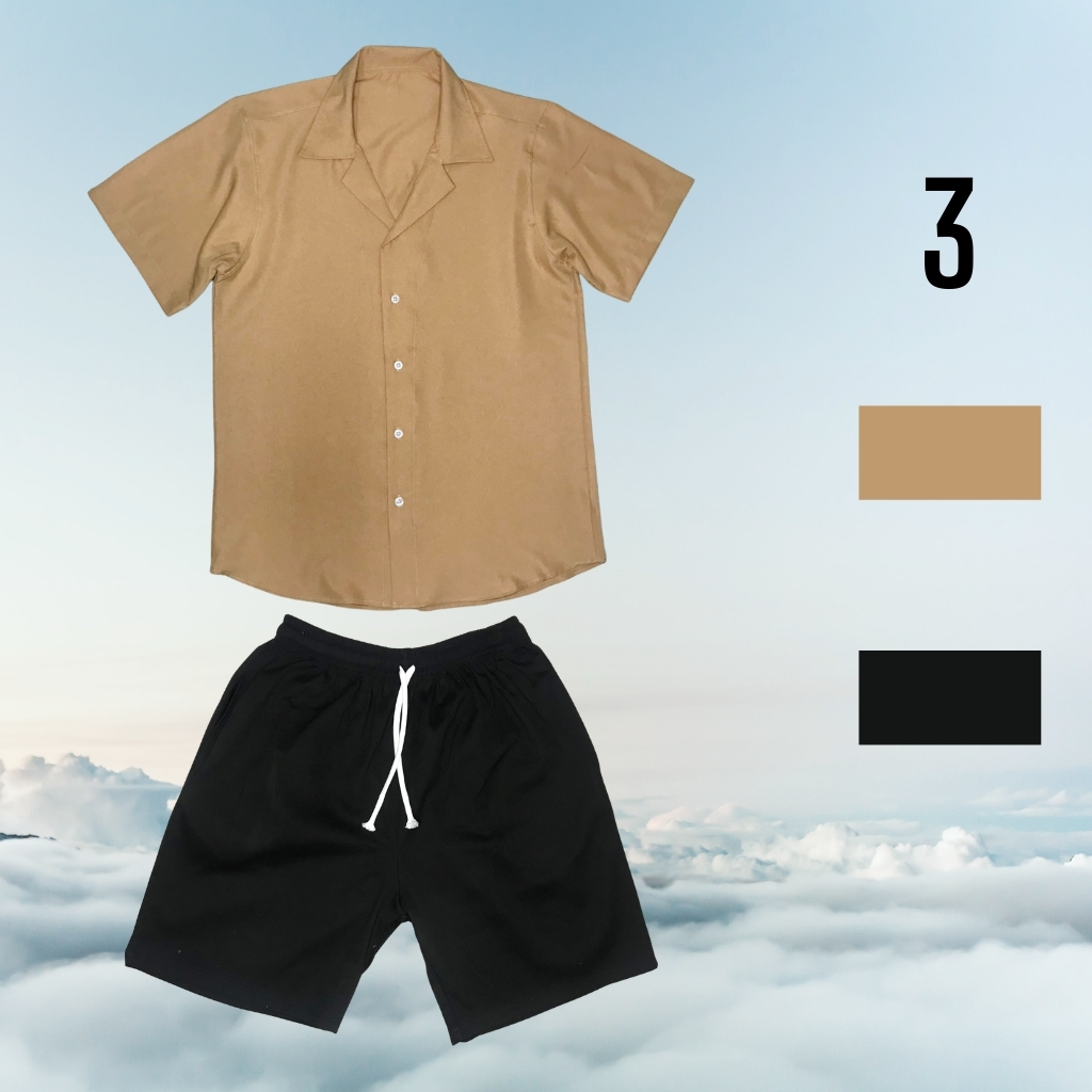 Set áo sơ mi cổ vest, quần đùi kaki