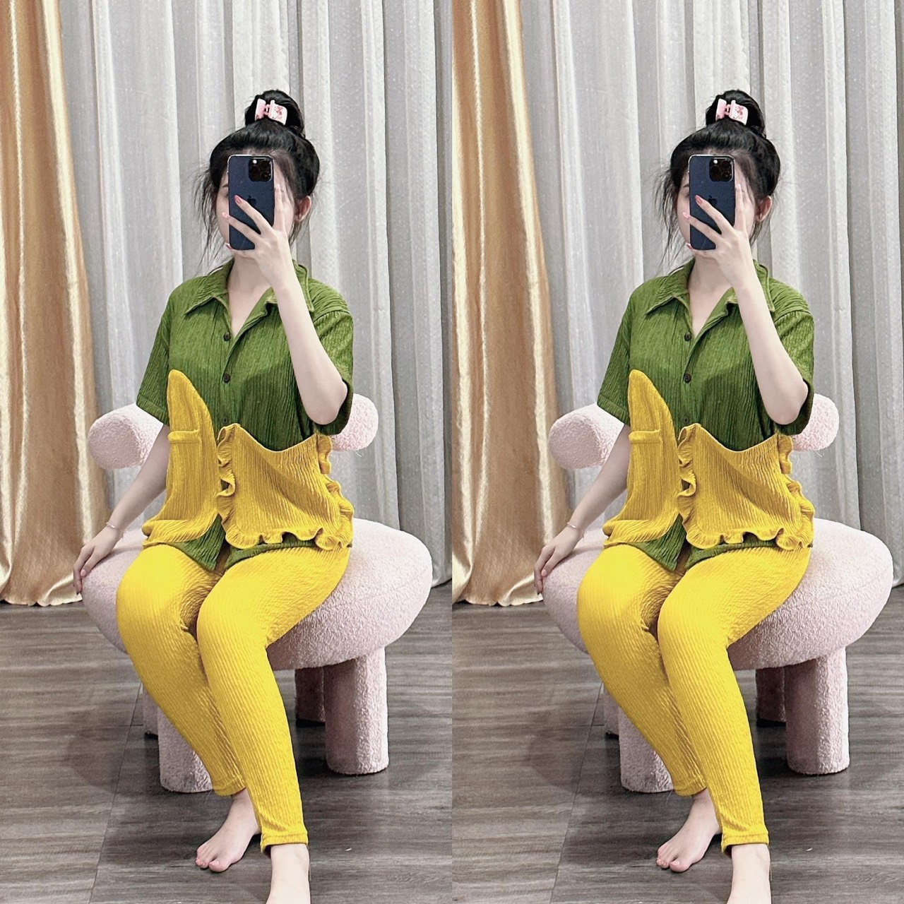Set bộ nữ áo cổ bẻ phối màu túi kèm quần dài / lửng - chất thun gân xốp