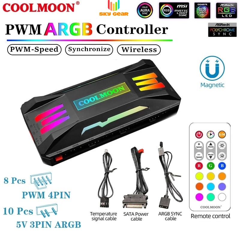 Bộ Hub Coolmoon P-ARGB v2 8 cổng 4 pin PWM + 10 cổng Led 3 pin 5v ARGB Trắng / Đen