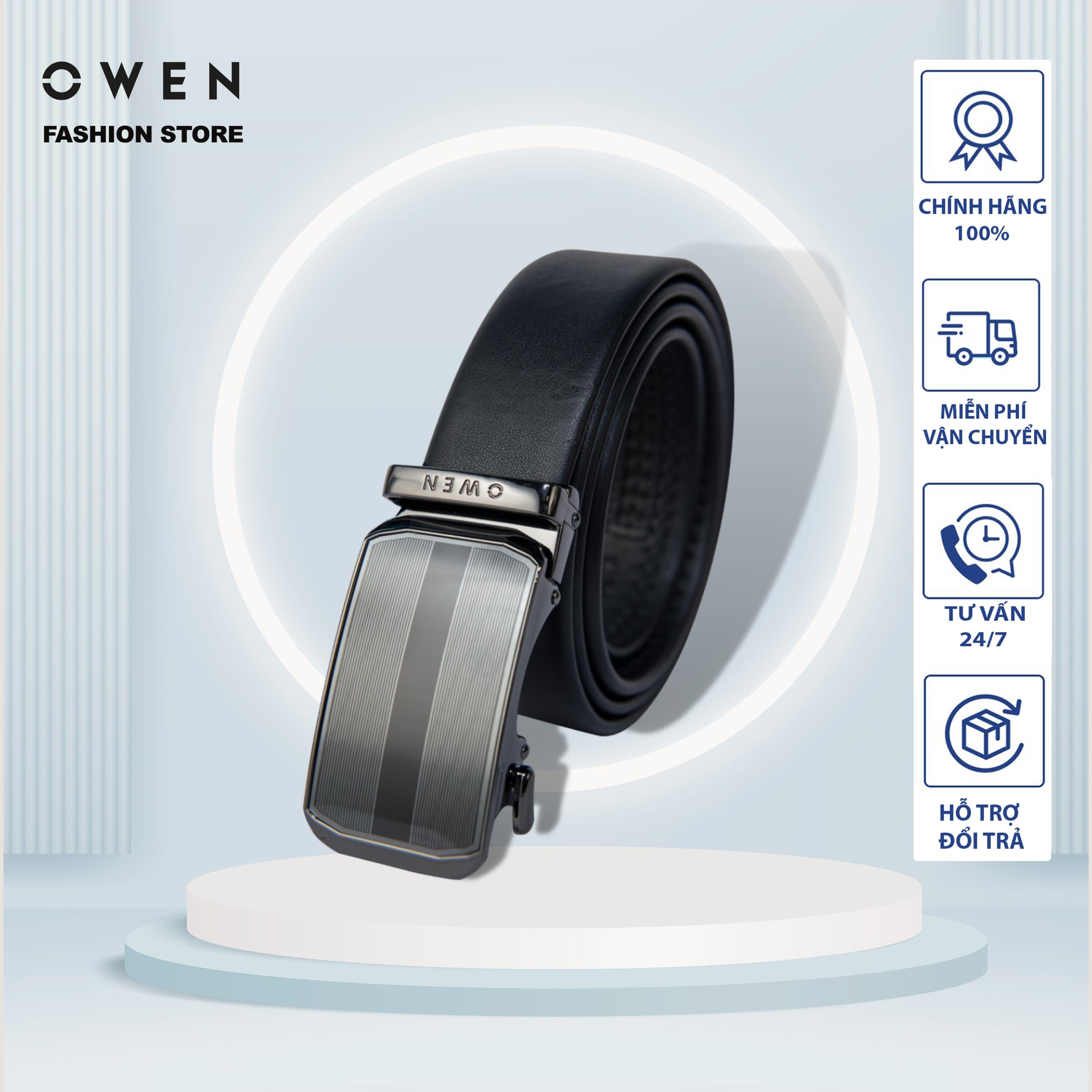 Owen - thắt lưng nam owen 100% da thật, mặt đen bóng, khóa trượt
