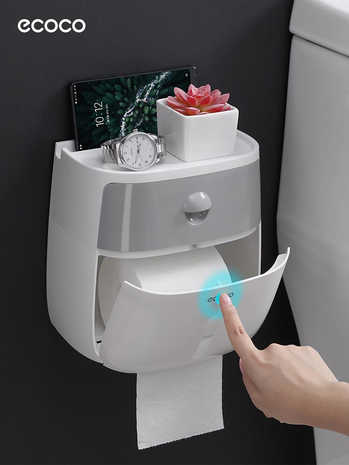 Hộp đựng giấy vệ sinh Ecoco có ngăn kéo kèm miếng dán cường lực