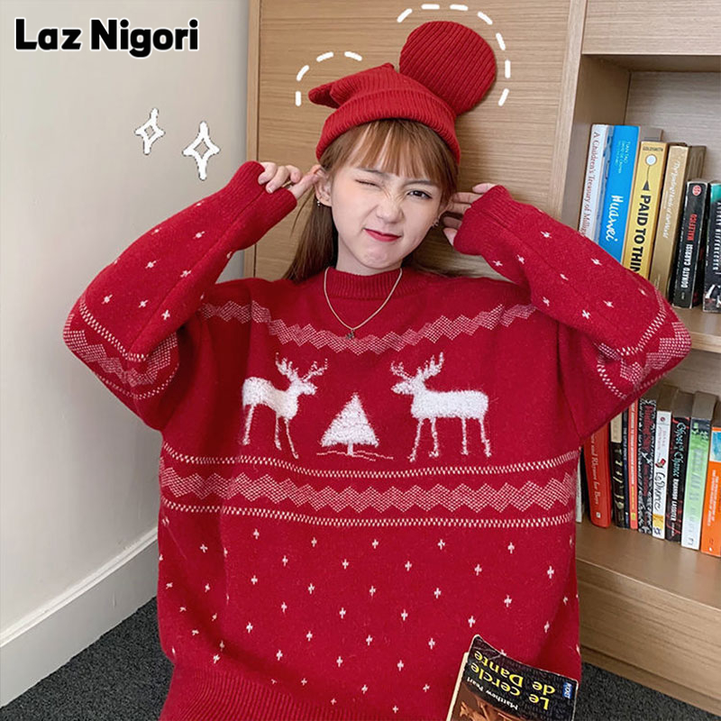 NI Sweaters & Cardigans for women,Autumn and winter Korean sweater women's new Christmas pullover port wind, lazy wild thick deer loose large size wave