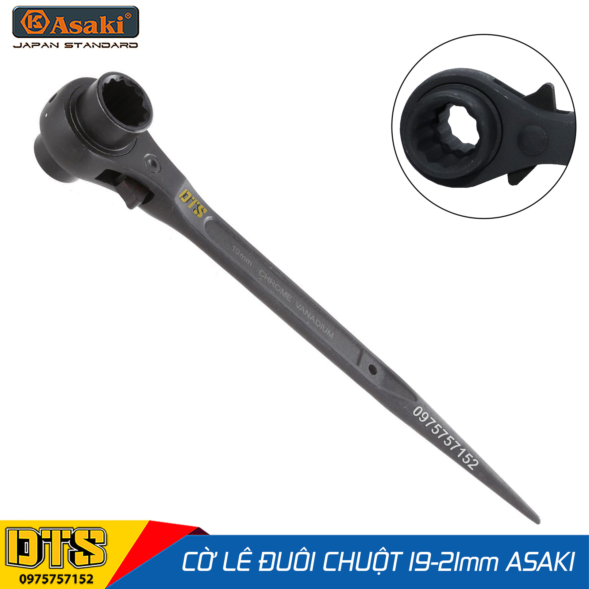 Cờ lê đuôi chuột cao cấp 19-21 mm Asaki AK-6455, cờ lê giàn giáo 2 đầu tuýp tự động thép Chrome Vanadium, công tắc đảo chiều, clê tuýp giàn giáo đa năng