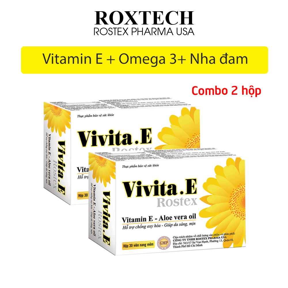 Combo 2 hộp Viên uống đẹp da Vivita E Rostex bổ sung Vitamin E, Omega 3, tinh dầu lô hội giúp da sáng mịn, chống lão hóa - 30 viên