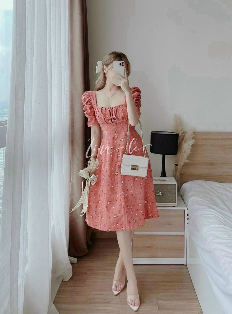 Đầm Lụa Hoa Công Sở Xếp Ly Ngực - Thời Trang Hoa Anh Đào