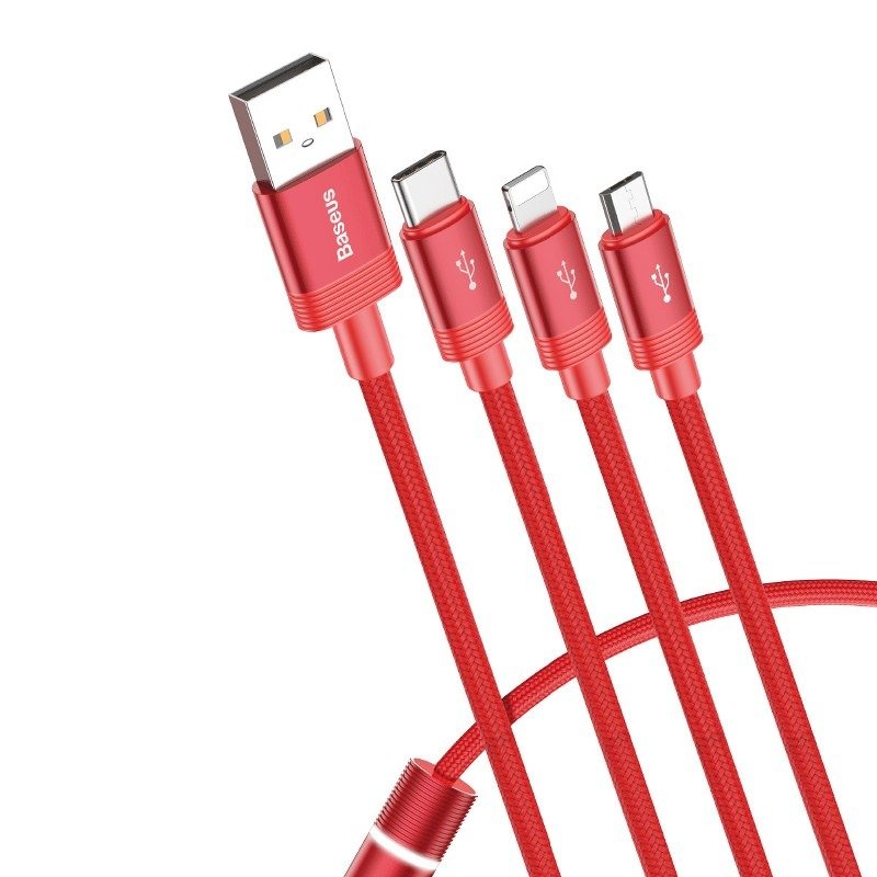 Cáp sạc 3.5A Baseus Data Faction 3in1  Type C, Android và Lightning  có đèn dành cho Smartphone dài 120CM