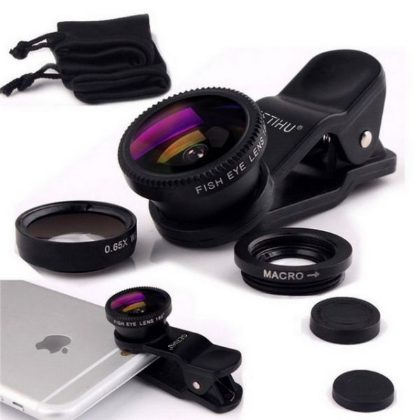 Ống Len Camera 001, Bộ Ống Kính 3 Trong 1 Gồm Kính Macro, Góc Rộng, Fisheye Cho Điện Thoại Thông Minh, Máy Tính Bảng