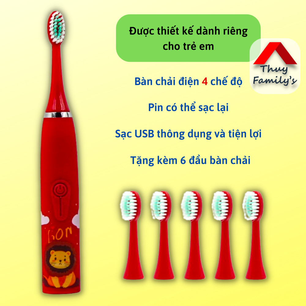 Bàn chải đánh răng điện trẻ em. Chính hãng SONIC - 4 chế độ tự động dánh sạch răng. Tặng kèm 6 đầu bàn chải