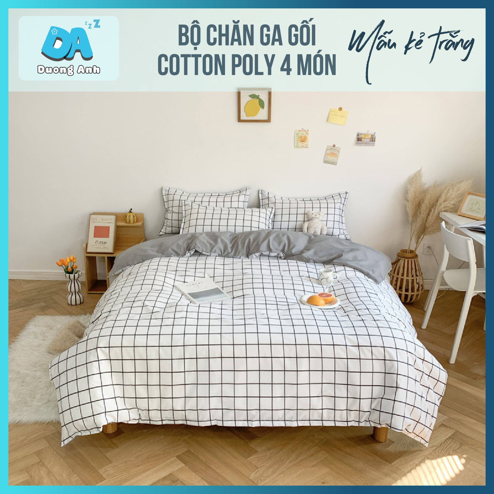 Bộ chăn ga gối nệm bộ chăn ga gối cotton poly - Mẫu caro kẻ trắng, ga nệm trải giường nhiều kích thước khác nhau và nhiều mẫu mã