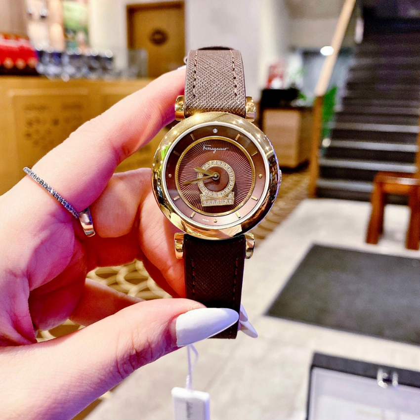 Đồng watch female leather strap SaIvat0re Ferragam0 size 36mm fullbox, water resistant, stainless steel shell, đồng women luxury watches