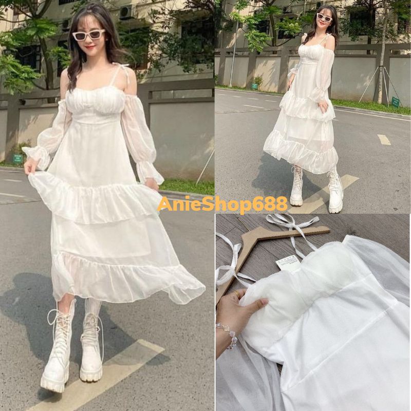 Đầm voan trễ vai 2 dây cột nơ ,váy maxi trễ rớt vai tay bồng ,đầm voan nữ 2 dây phối tay rớt vai dáng xoè dài đẹp ,đầm trắng dự tiệc trễ vai xoè bồng kiểu maxi ,váy maxi tay bồng dáng xoè ,đầm maxi nhiều tầng dáng xoè ,ANIESHOP8