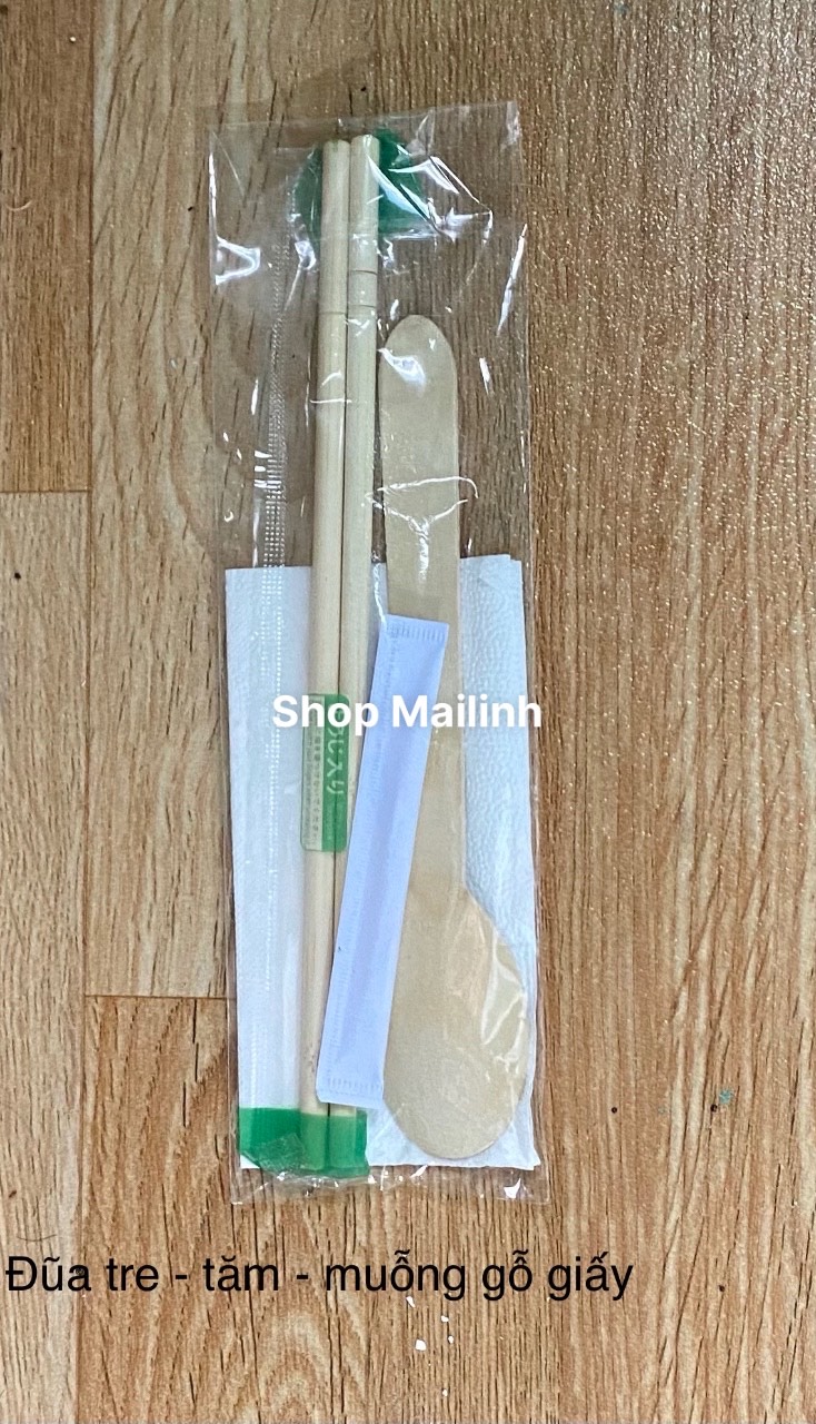 100 bộ (Muỗng gỗ + đũa tre nhật + giấy + tăm)