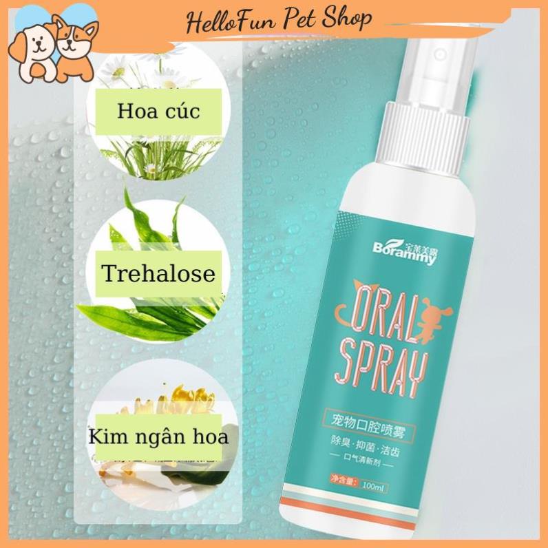Xịt thơm miệng cho chó mèo Borammy 100ml (Xịt khử mùi, hơi thở thơm mát cho thú cưng)