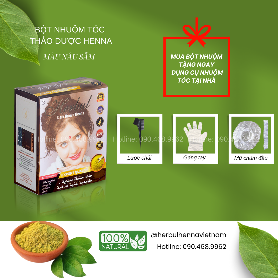 Bột nhuộm tóc thảo dược Herbul Henna nâu sẫm - Dark Brown