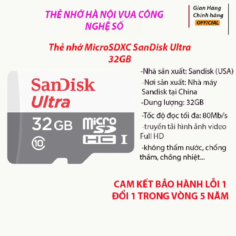 Thẻ nhớ microSDHC Sandisk Ultra 32GB upto 80MB/s - Thẻ Sandisk chuyên dụng cho Camera tốc độ cao | BH 5 Năm