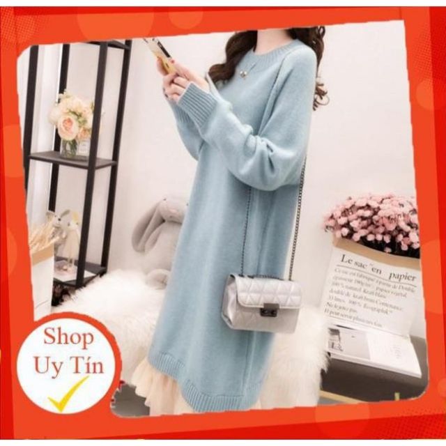 ( MẪU MỚI ) ✅ Váy bầu mùa đông chất len dầy dặn dáng xuông ấm áp cho bà bầu tay xẻ chân váy voan cam B44