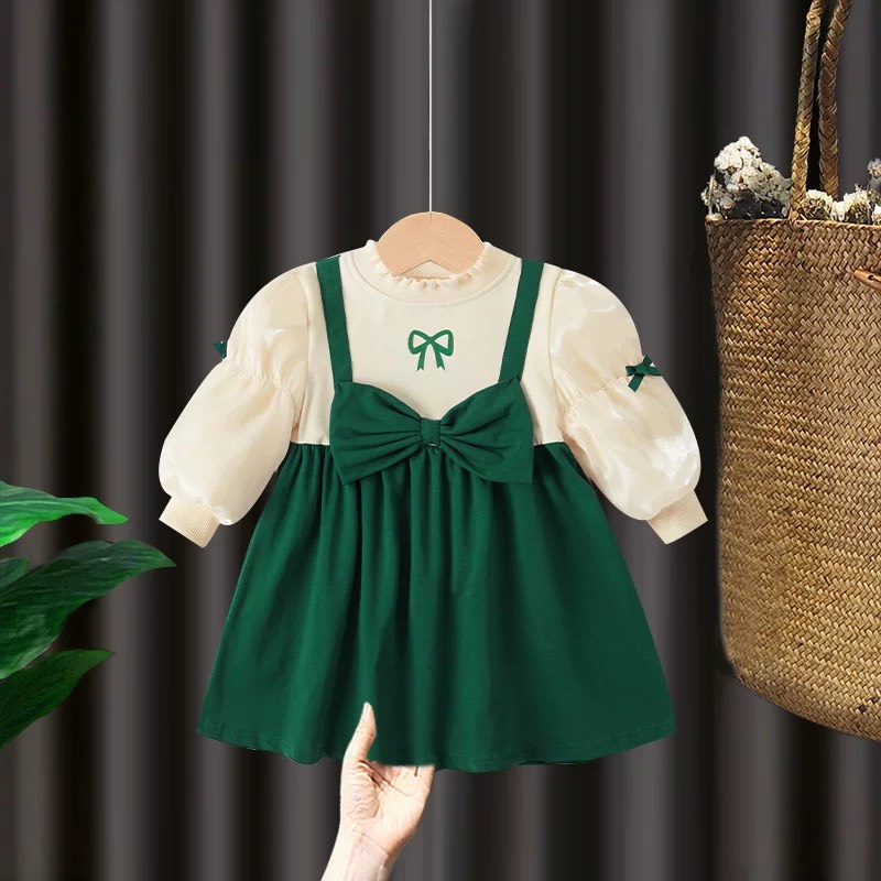 Váy bé gái nhung dây yếm nơ ngực 2 mầu xanh đỏ xhn1069