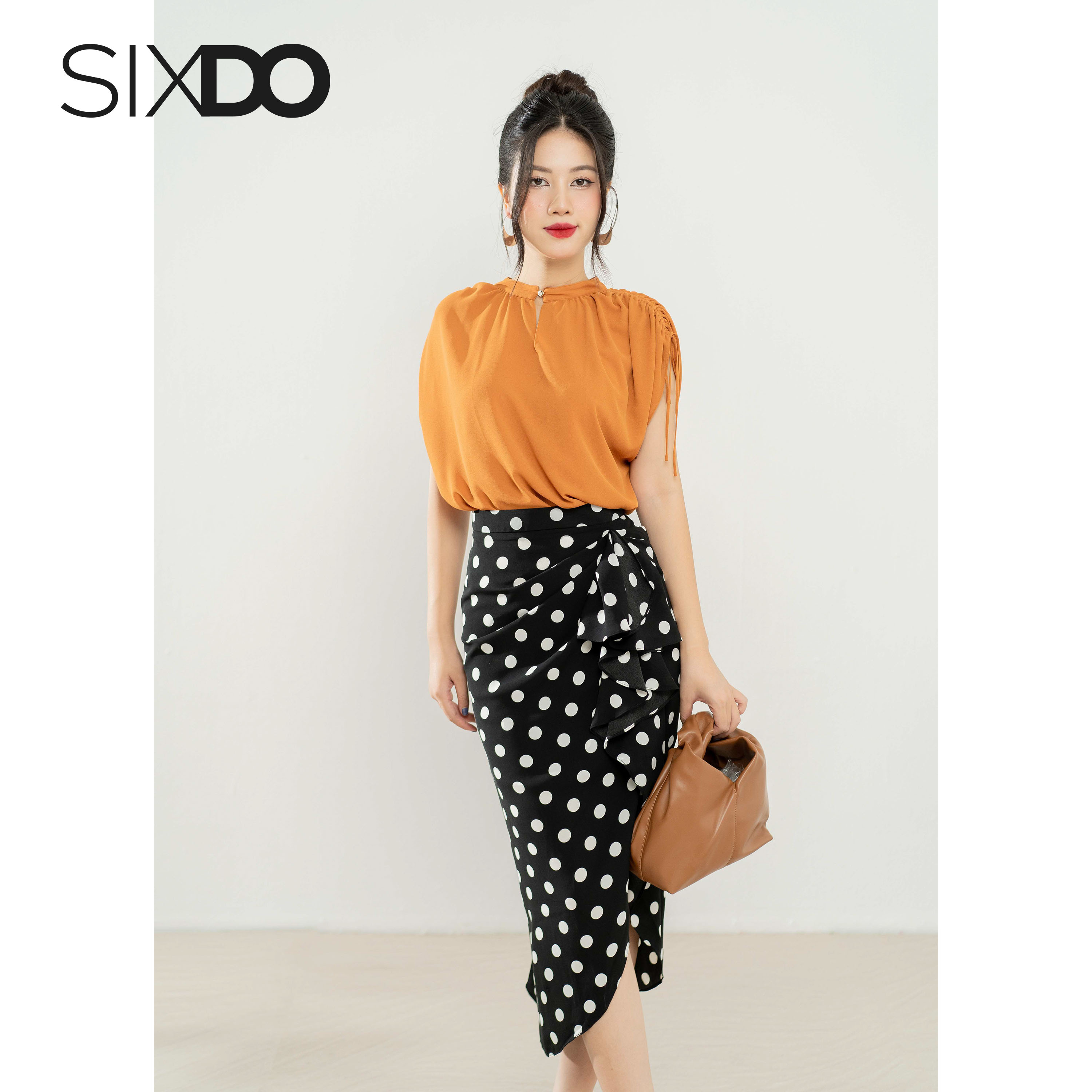 Áo kiểu nữ chiffon nhúm vai SIXDO (Ochre Short Sleeves Chiffon Top)
