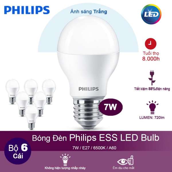 (Bộ 6) Bóng đèn Philips ESS LEDBulb 7W 6500K đuôi E27 230V A60 - Ánh sáng trắng