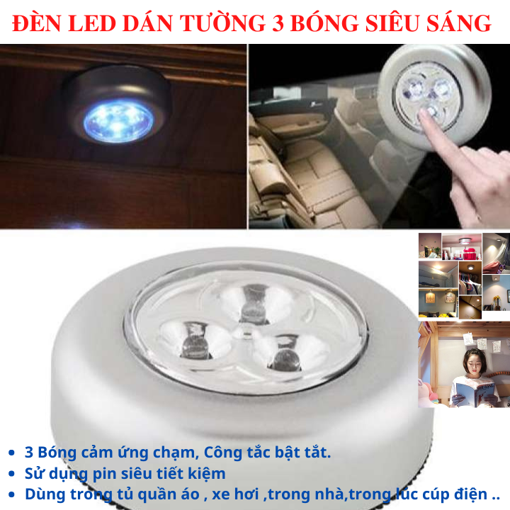 [ĐÈN SIÊU SÁNG] ĐÈN LED 3 BÓNG DÁN TƯỜNG SIÊU SÁNG CÓ KEO DÁN SẴN XÀI 3 PIN TIỂU AAA - BÓNG ĐÈN LED DÁN TƯỜNG 3 BÓNG SIÊU SÁNG - ĐÈN LED DÁN TƯỜNG 3 BÓNG CẢM ỨNG CHẠM - ĐÈN LED TREO TƯỜNG - ĐÈN NGỦ - ĐÈN TỦ