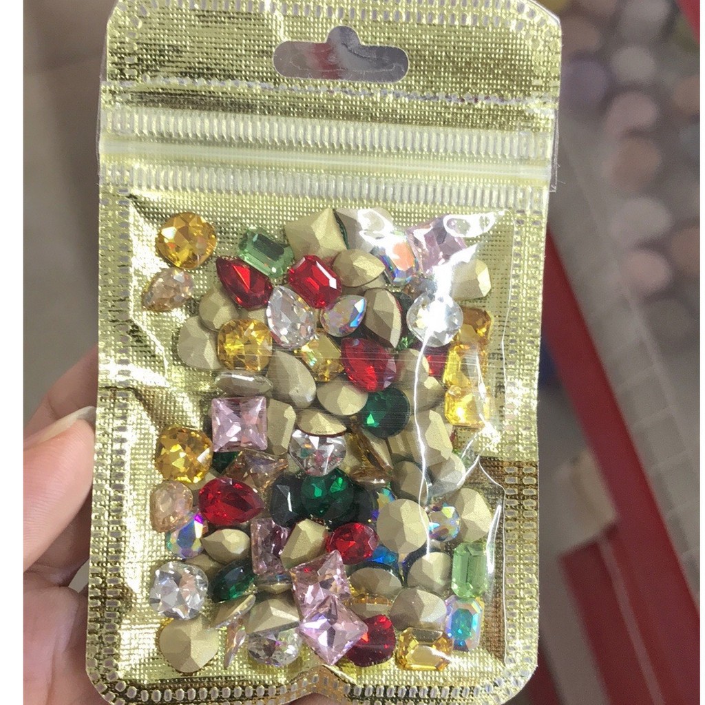 Đá khối chân vàng mix , Đá nail đính móng 100 viên
