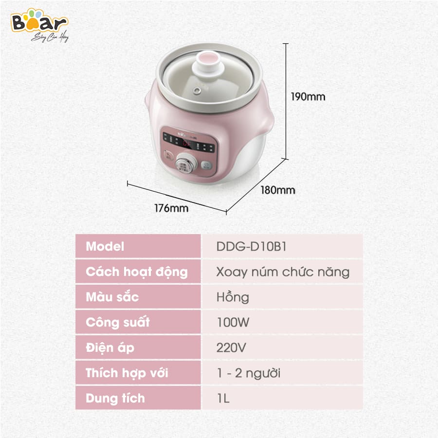 Nồi nấu cháo chậm cho bé  BEAR D10B1S, dung tích 1L