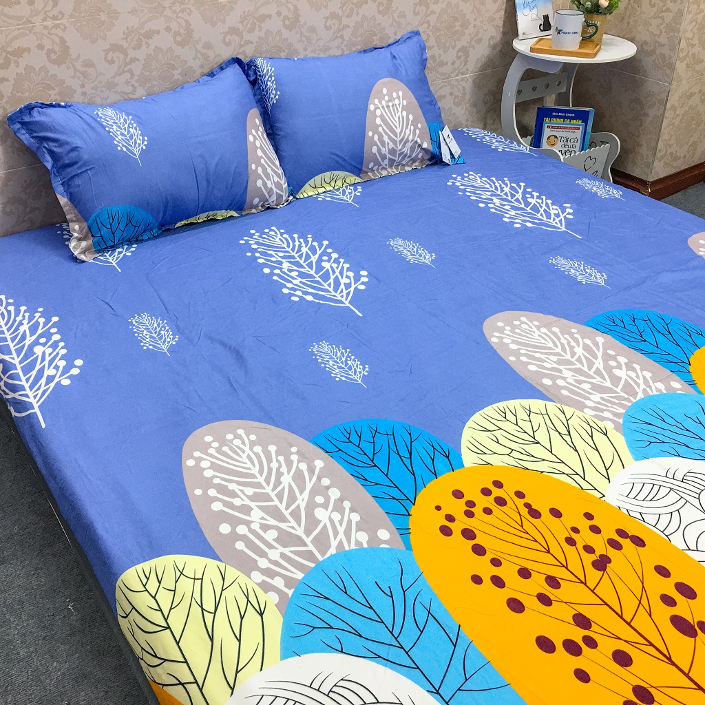Trọn bộ 4 món ga gối poly cotton ( 1 ga giường + 2 vỏ gối nằm + vò gối ôm) mẫu Lá Cọ