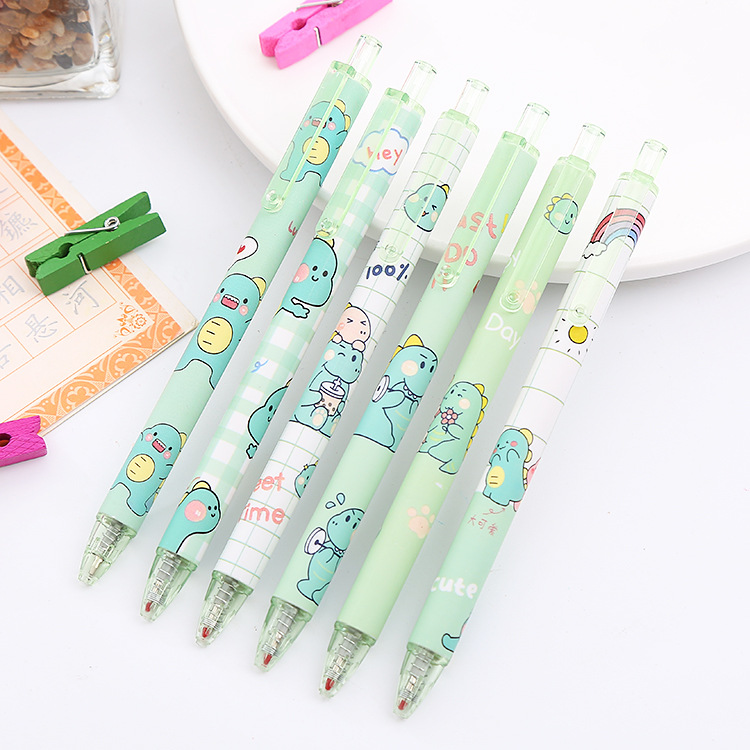 Bút bi bấm gel màu xanh in hình khủng long cute mực đen