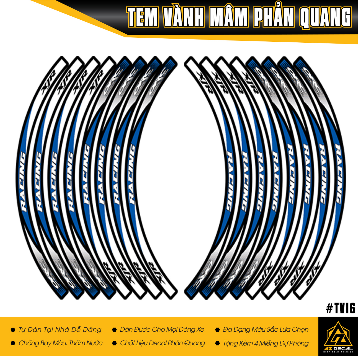 Tem Dán Vành Xe Phản Quang Racing Orc Vàng Trắng Đen | TV16 | Decal Dán Mâm Xe Nhiều Màu