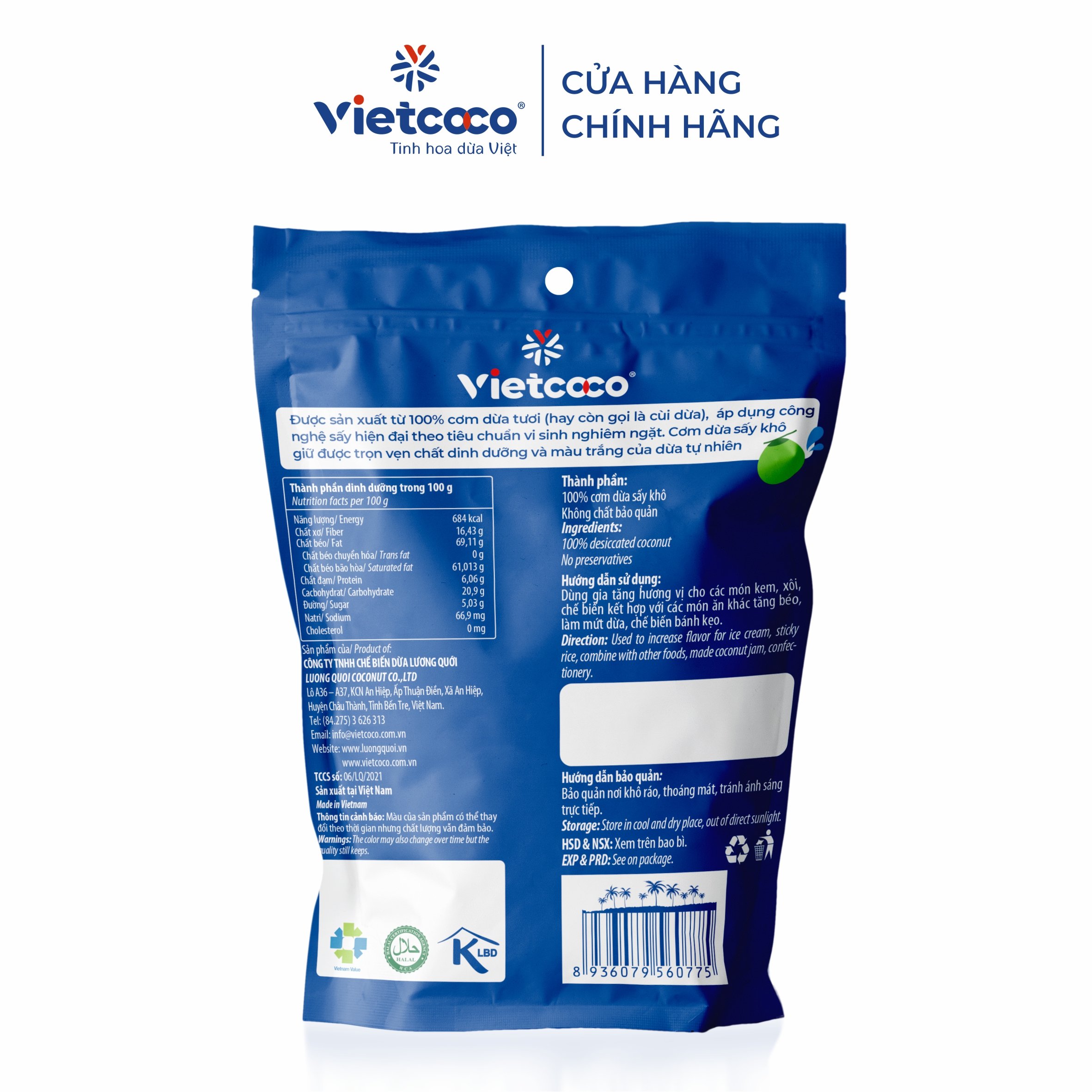Cơm dừa nạo sấy Vietcoco túi 200gr - flake - sợi dài