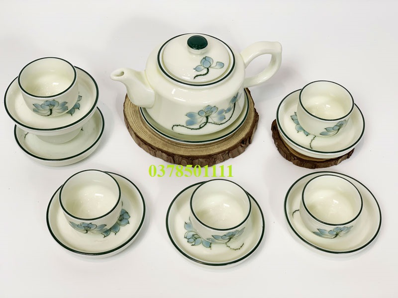 Bộ trà men kem vẽ sen xanh