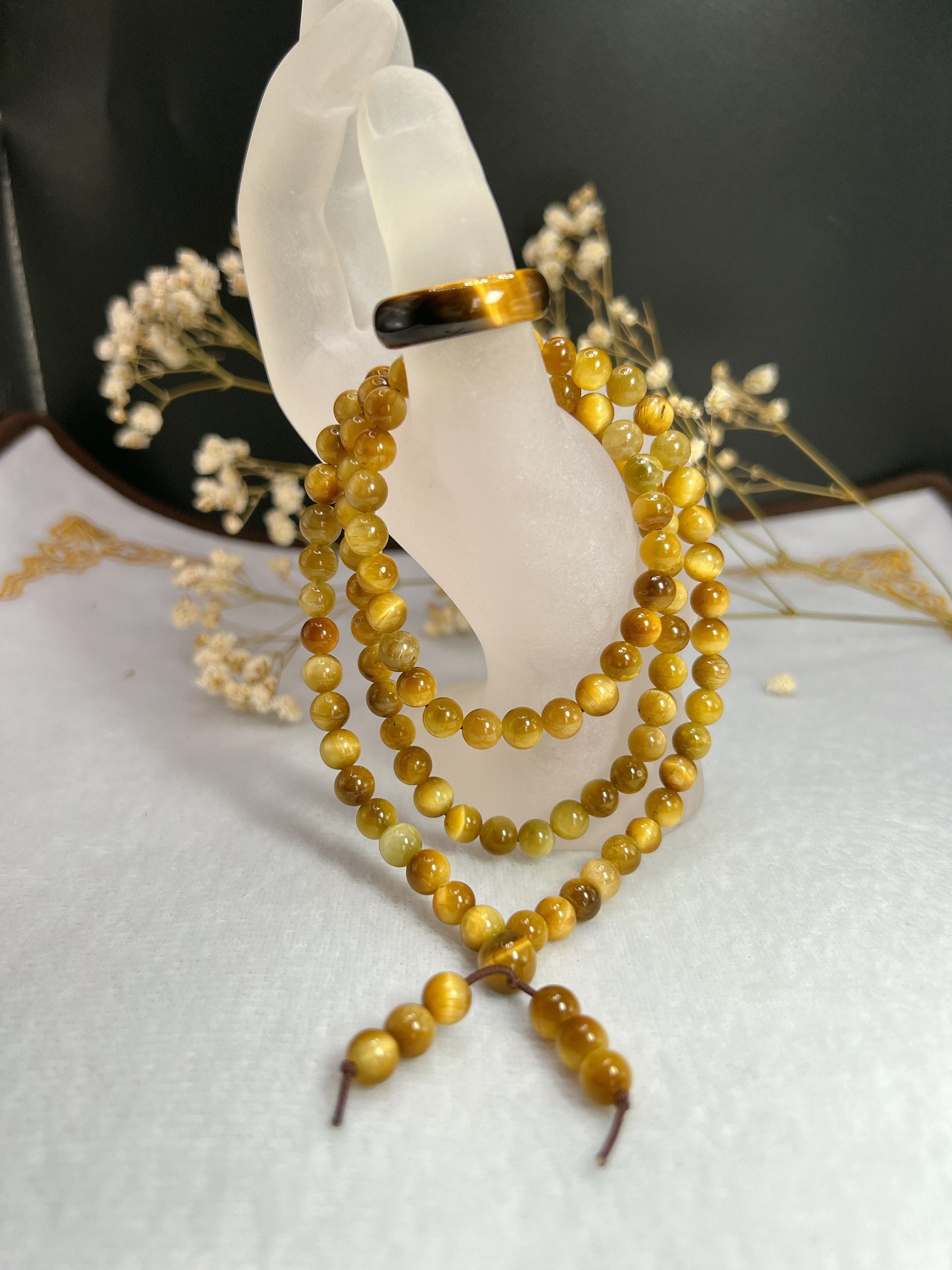Chuỗi Đá Mắt Hổ Vàng Hạt 6mm Tặng kèm Nhẫn Mắt hổ đủ size ni - hình chụp thật từ Phúc An Store