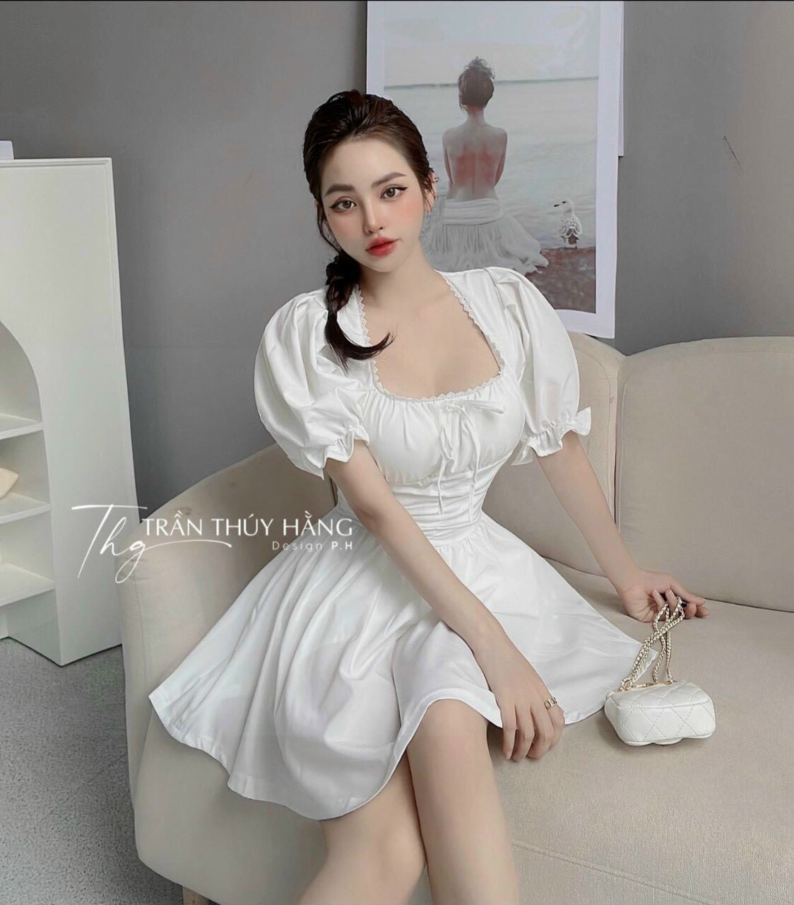Đầm Xòe Tiểu Thư Bo Eo Tay Phồng Hở Lưng
