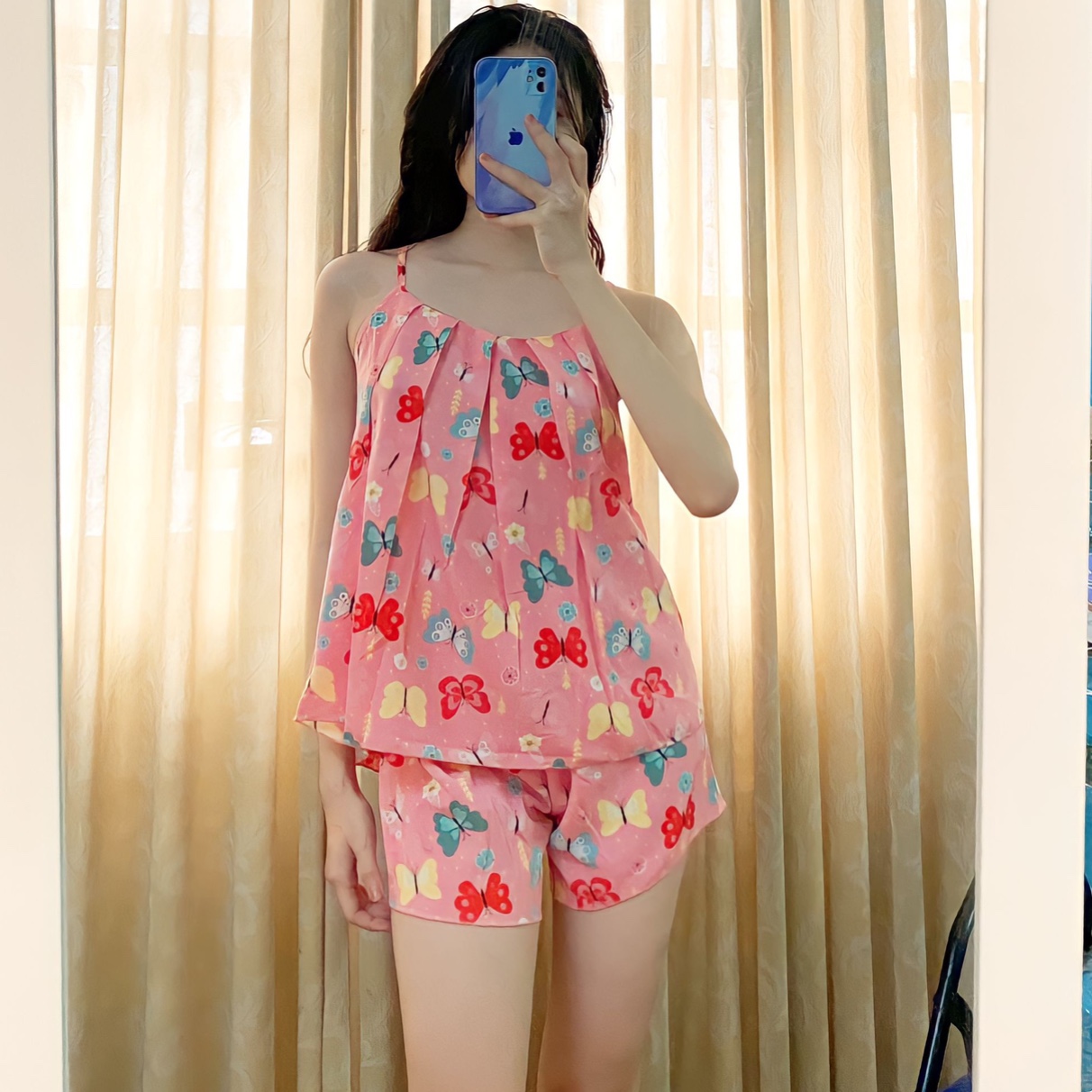 [Sale FreeShip] Set Đồ Bộ Áo 2 Dây Quần Đùi Lụa Hàn Freesize Dưới 57kg