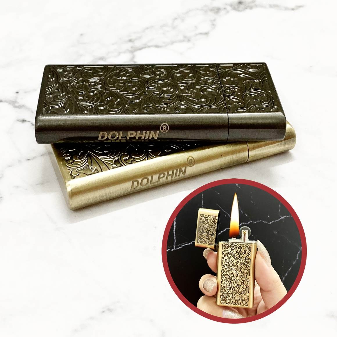 bật lửa đô phin đá cổ 1 bánh xe hình hoa văn xài xăng