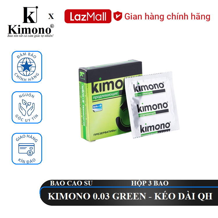 [ KIMONO ] Bao cao su Kimono 0.03 Green 3 bao - Siêu Mỏng.