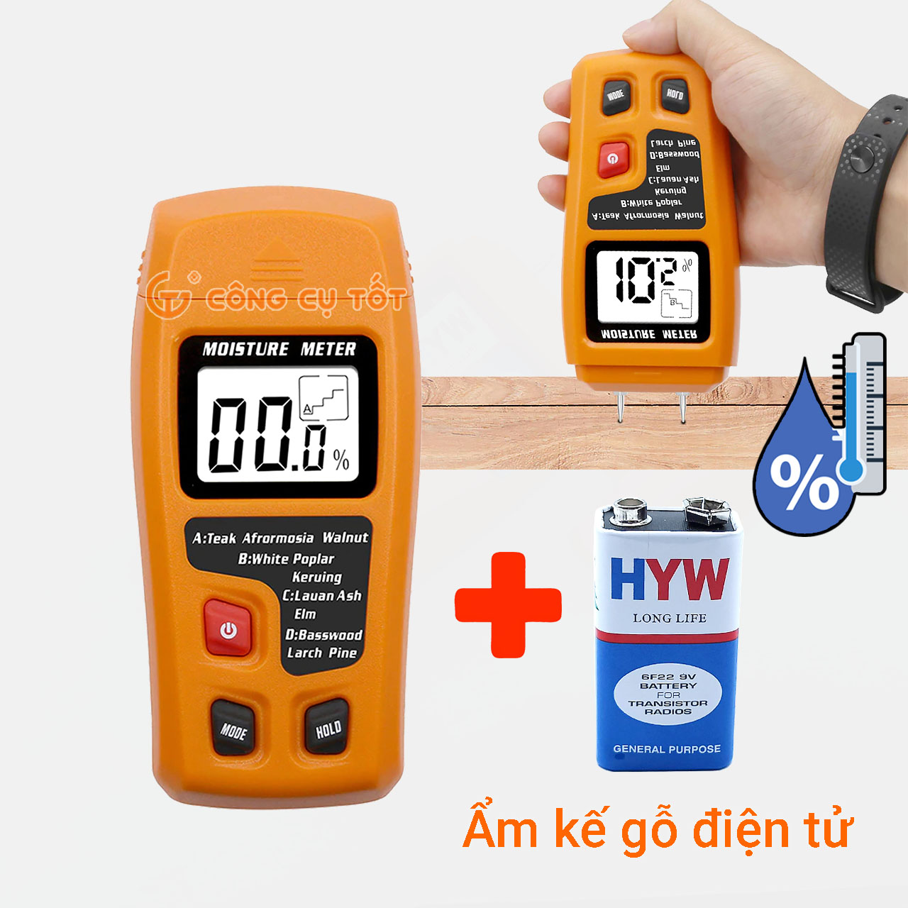 Máy đo ẩm kế gỗ điện tử - Máy đo độ ẩm sản gỗ và tường - máy phân tích gỗ độ chính xác 0.5% TẶNG pin