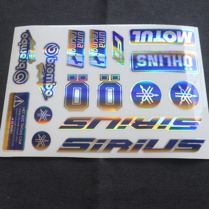 Bộ tem CROM BÓNG NHIỀU LOGO ĐỘC ĐÁO dán các loại xe máy hiện nay, tem keo bóng ít bay màu (mẫu SIRIUS)