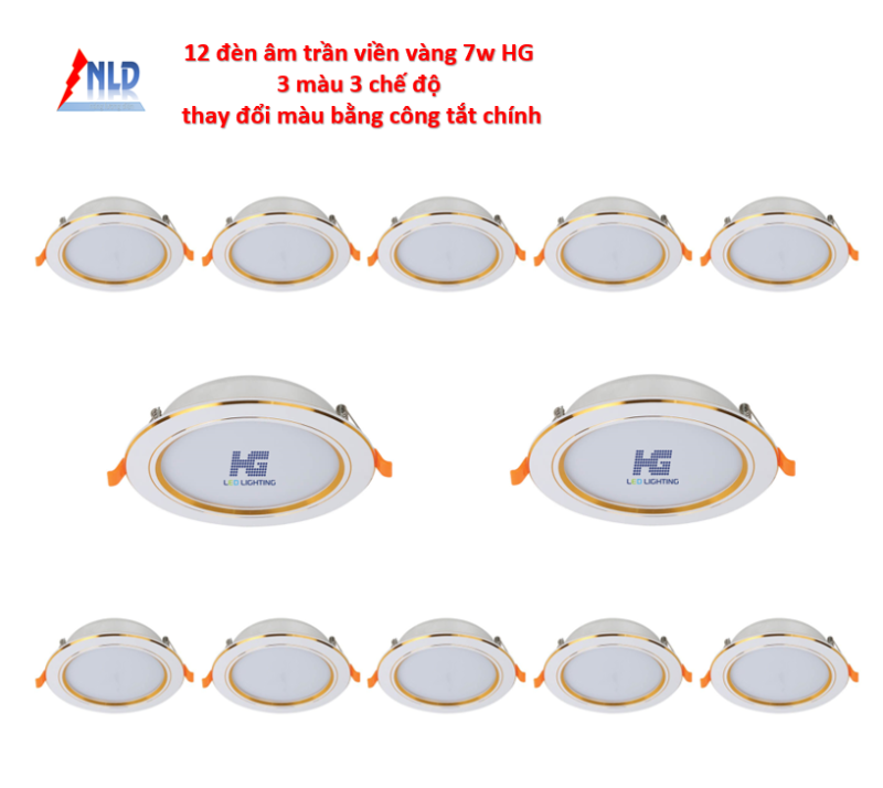 Combo 12 bộ đèn led âm trần viền vàng 7w 3 màu 3 chế độ 7W HG