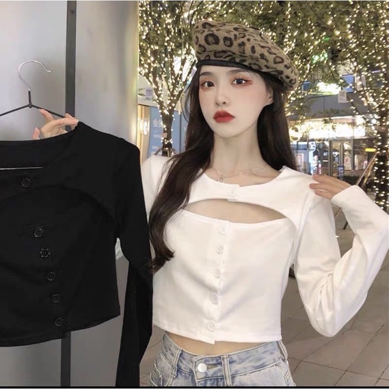 Áo kiểu thun croptop tay dài xẻ ngực phối cúc