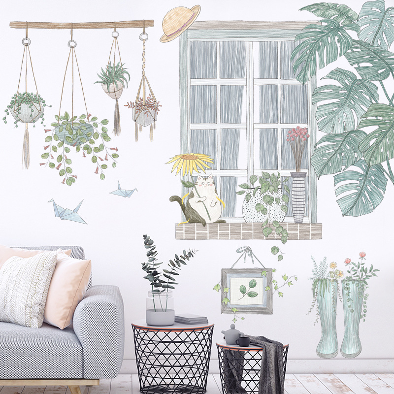 Decal dán tường cửa sổ lá cây nhiệt đới bắc âu