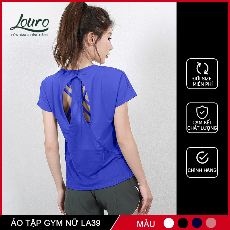 Áo tập gym, yoga nữ Louro LA39 kiểu áo tập thể thao phom rộng phối lưới lưng, che khuyết điểm cho người mới tập
