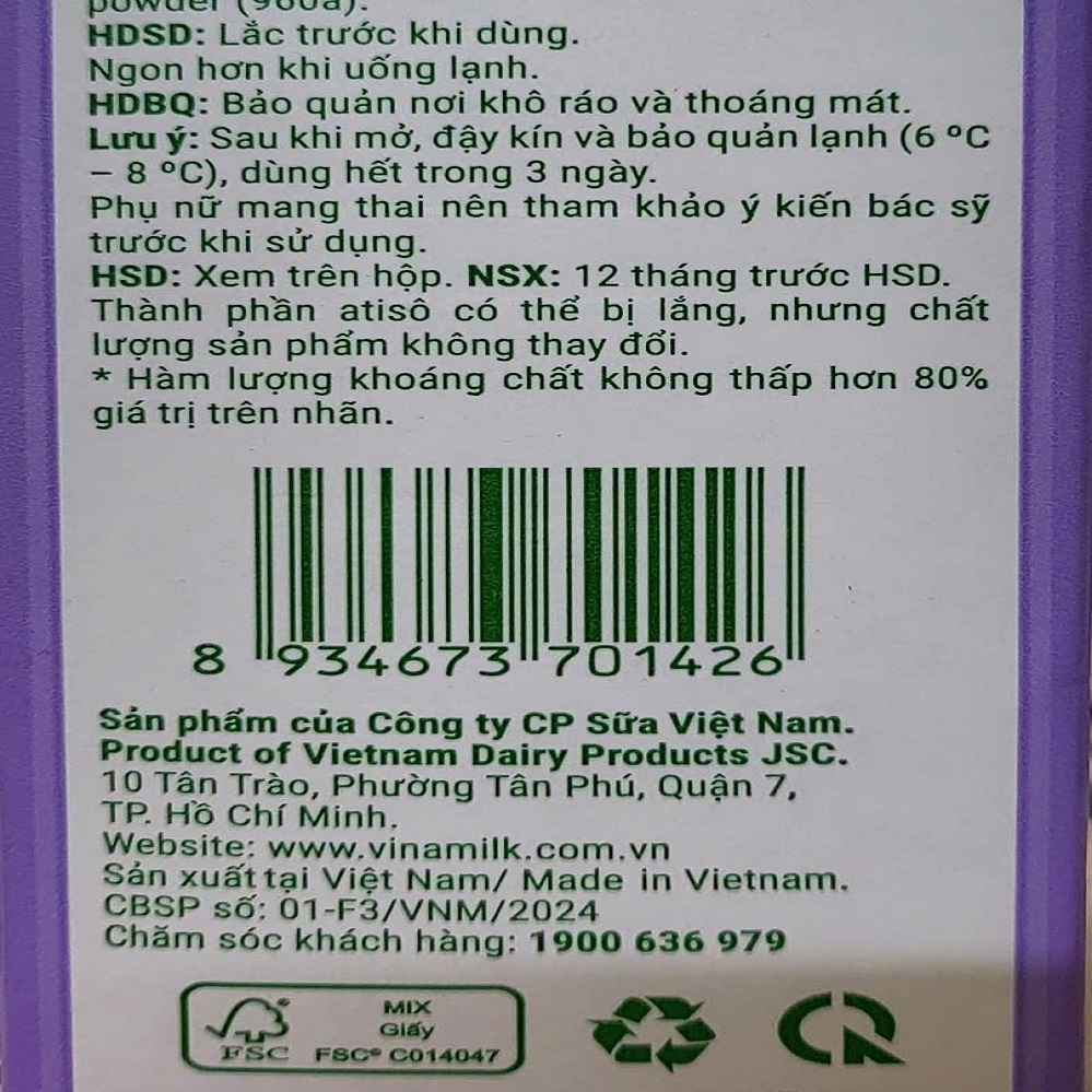 [Hộp 1 Lít – KHÔNG ĐƯỜNG] TRÀ ATISÔ VFRESH [VN] VINAMILK (Sugar Free) Artichoke Drink