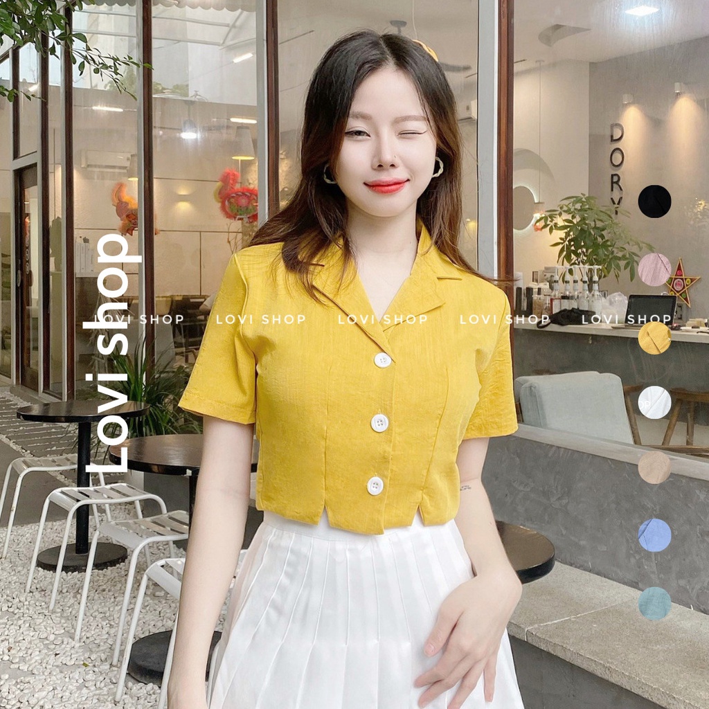 LOVI SHOP- Áo sơ mi croptop cổ vest tay ngắn basic