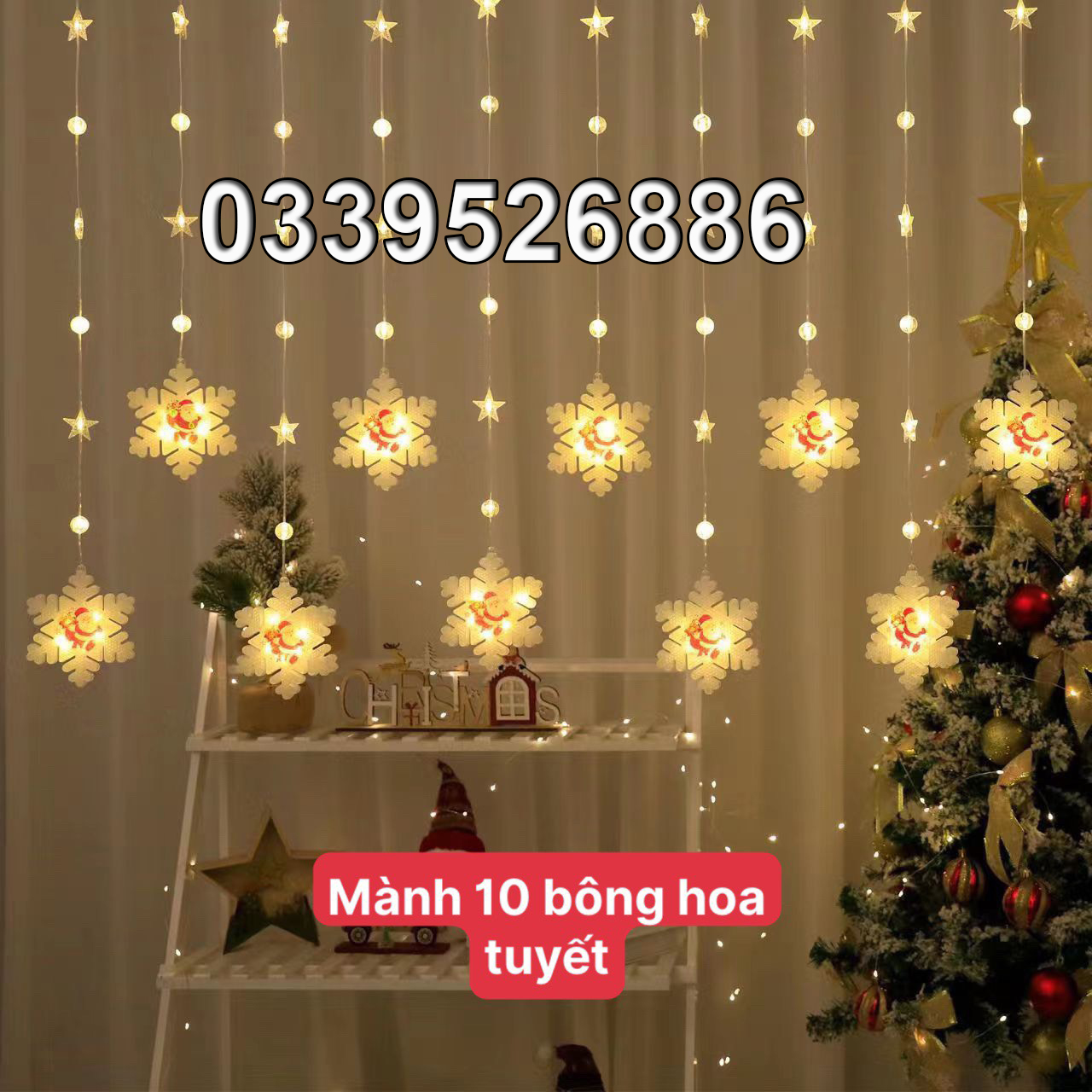 Đèn mành Bông tuyết Giáng Sinh 3 mét, 8 chế độ nháy trang trí noel, 10 bông tuyết vàng. đa sắc