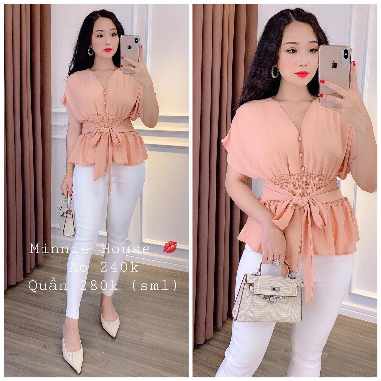 Áo von kiểu sơmi cổ v phối nơ eo nữ tính tts0359