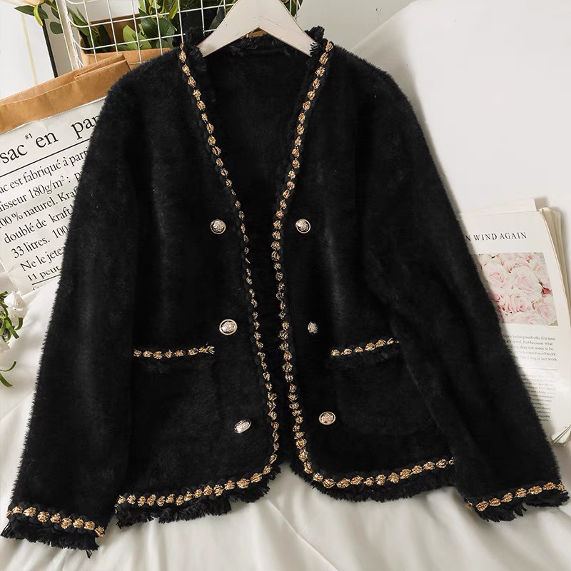 Áo khoác dạ tweed lông thỏ ép siêu xịn mịn cúc ngọc sang chảnh