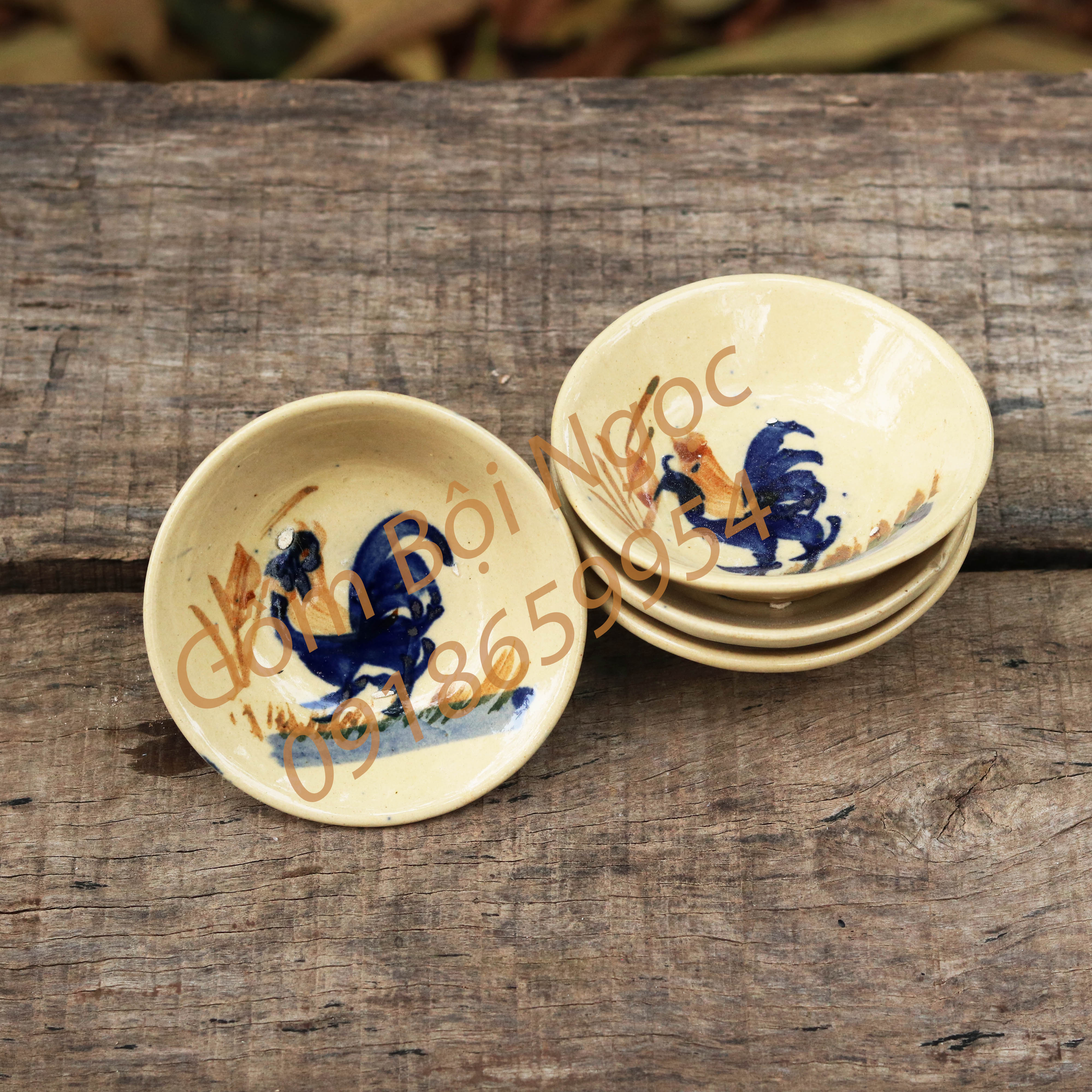 Bộ 10 chén tép vẽ họa tiết con gà trống - làm bánh bèo - nướng trứng/hàu sữa - chén chấm - đựng gia vị - gốm xưa