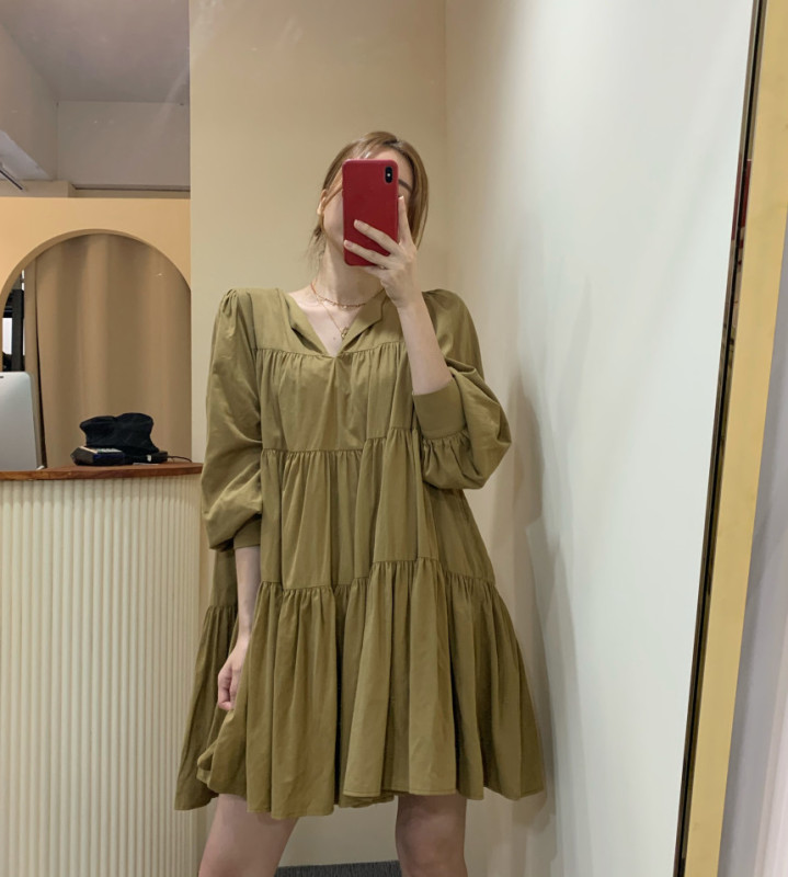 Hàn Quốc Chic Mùa Thu Đơn Giản Tôn Dáng Cổ Chữ V Kiểu Gấp Thiết Kế Dáng Suông Rộng Nhỏ Búp Bê Đầm Váy Ngắn Nữ